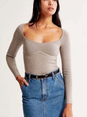 Abercrombie & Fitch Taupe Knit Long Sleeve bodysuit